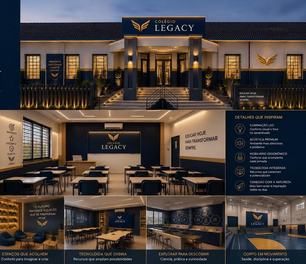 Prancha ilustrativa com fachada, sala de aula, espaços de estudo e esporte do Colégio Legacy