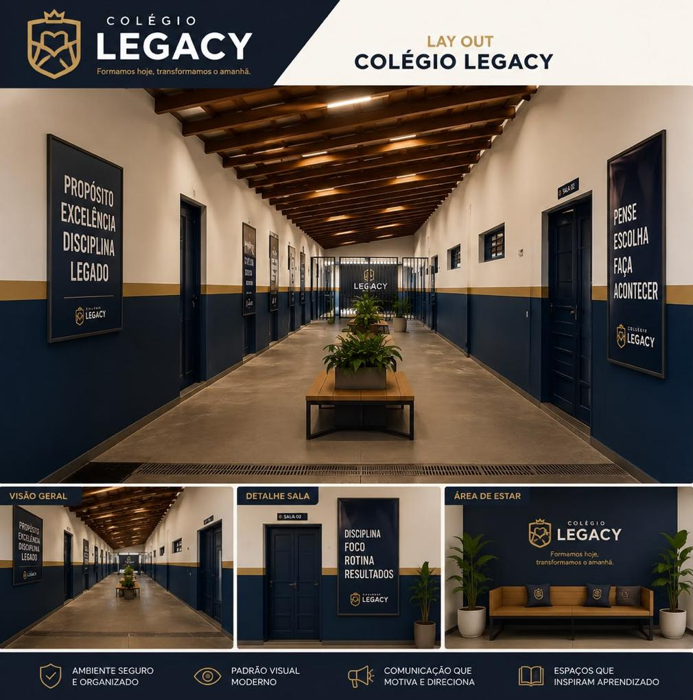 Prancha ilustrativa do corredor, sala e área de estar do Colégio Legacy