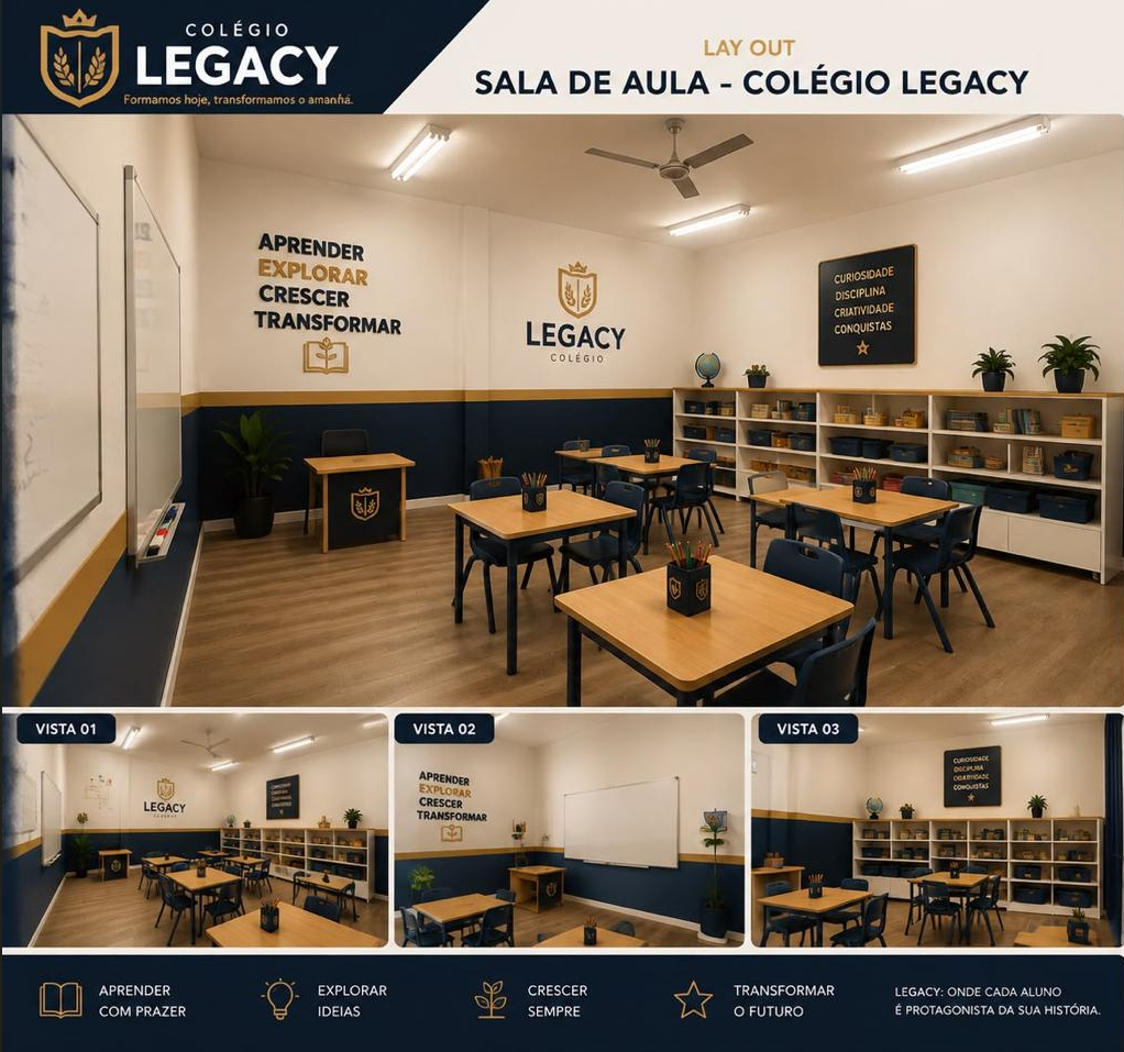 Prancha ilustrativa da sala de aula do Colégio Legacy