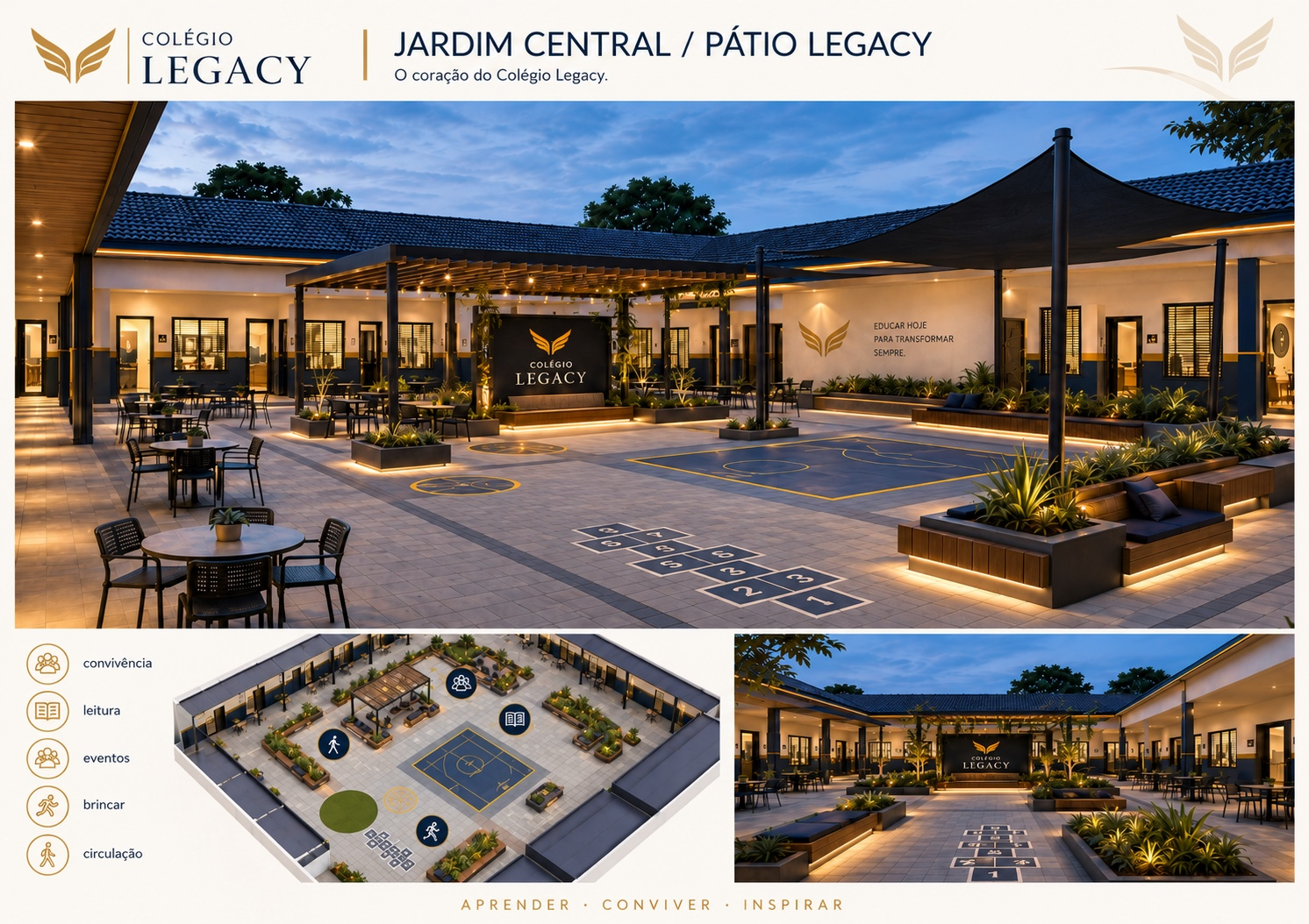 Prancha visual do Jardim Central e pátio do Colégio Legacy Botucatu